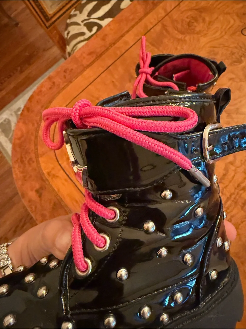 Disney Kids Black Patent Boots with Pink Laces - Size 9